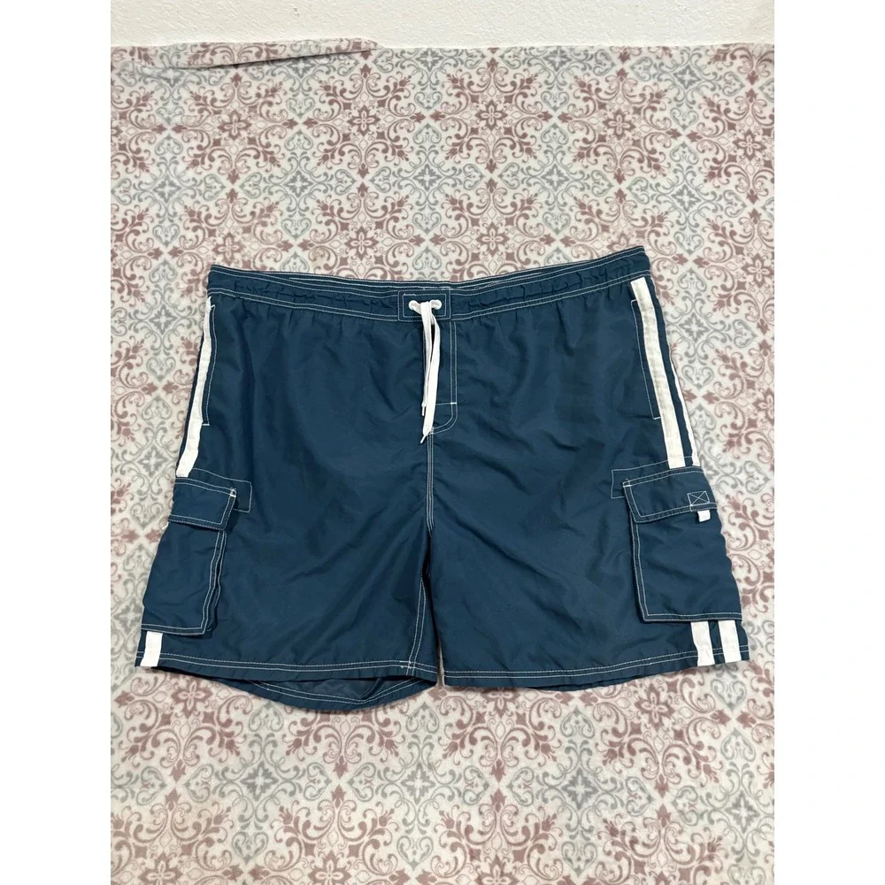 Kanu Surf Mens 3X Board Shorts Blue White Stripe Cargo Swim Trunks Mesh Lined